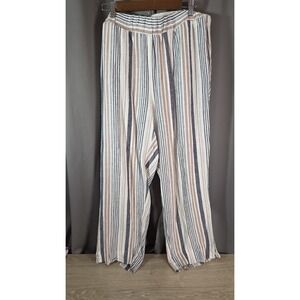 Jones & Co Women's Linen Blend Blue Brown Striped Pull on Pants 1X Summer Beachy